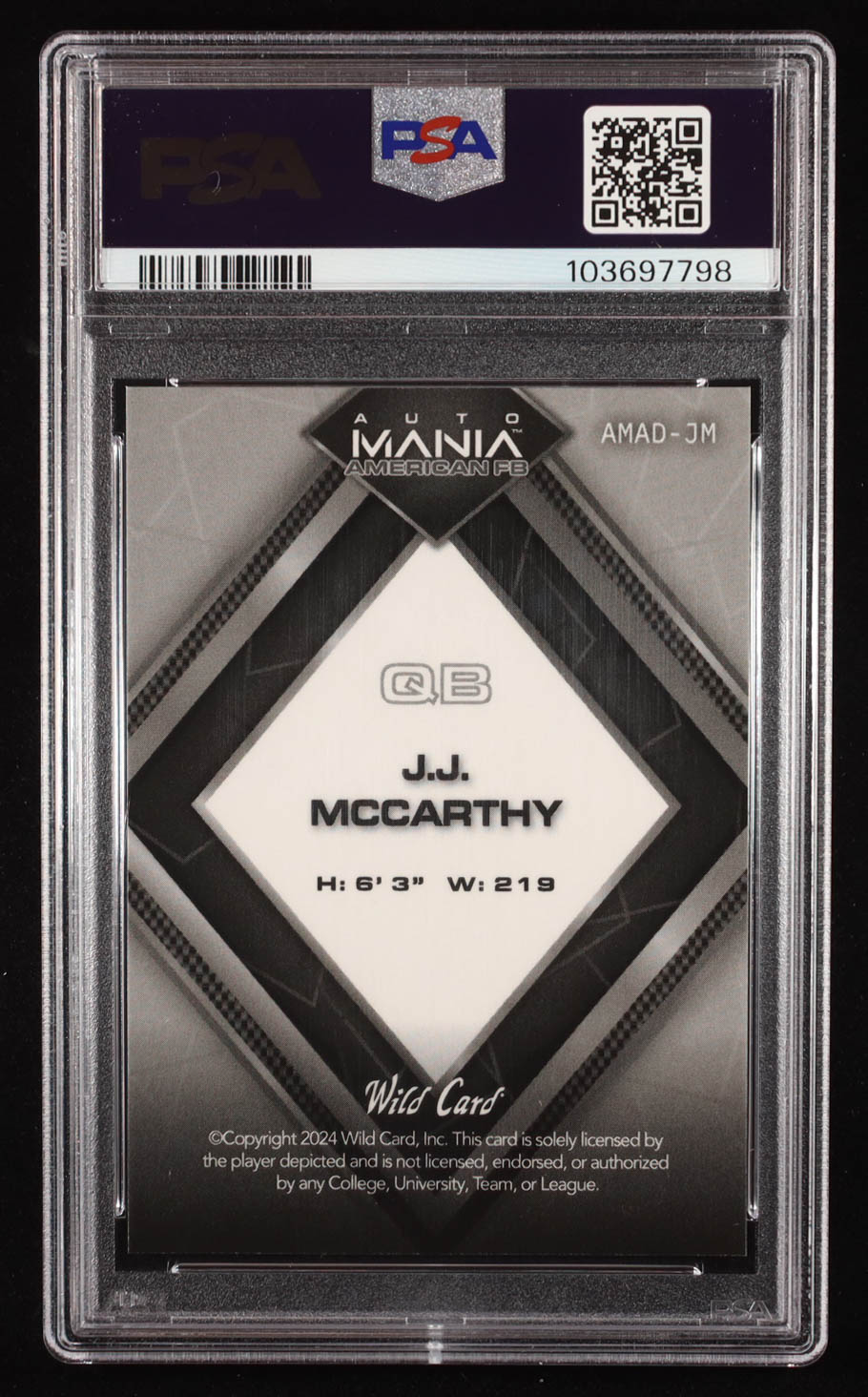 J.J. McCarthy 2024 Wild Card Auto Mania American Baseball Diamond Red White Blue Pattern Mojo #AMAD-JM RC #2/5 (PSA 10) at PristineAuction.com J.J. McCarthy 2024 Wild Card Auto Mania American Baseball Diamond Red White Blue Pattern Mojo #AMAD-JM RC #2/5 (PSA 10) at PristineAuction.com