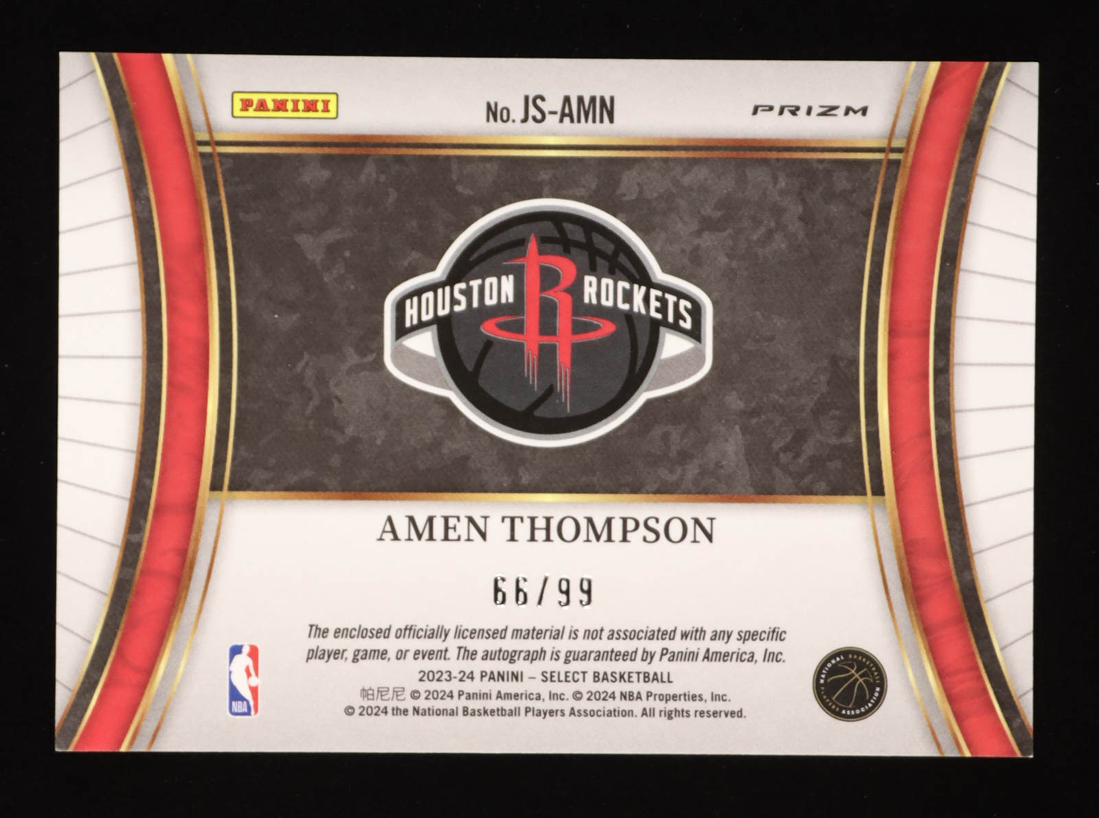 Amen Thompson 2023-24 Select Jumbo Rookie Signature Swatches #25 RC #66/99 at PristineAuction.com Amen Thompson 2023-24 Select Jumbo Rookie Signature Swatches #25 RC #66/99 at PristineAuction.com