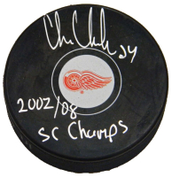 Chris Chelios Signed Red Wings Logo Hockey Puck Inscribed "2002, 08 SC Champs" (Schwartz) at PristineAuction.com