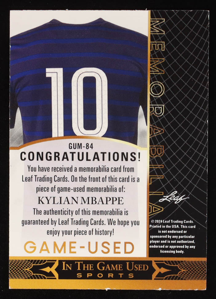 Kylian Mbappe 2024 Leaf ITG Used Sports Game-Used Memorabilia Blue #GUM84 at PristineAuction.com Kylian Mbappe 2024 Leaf ITG Used Sports Game-Used Memorabilia Blue #GUM84 at PristineAuction.com