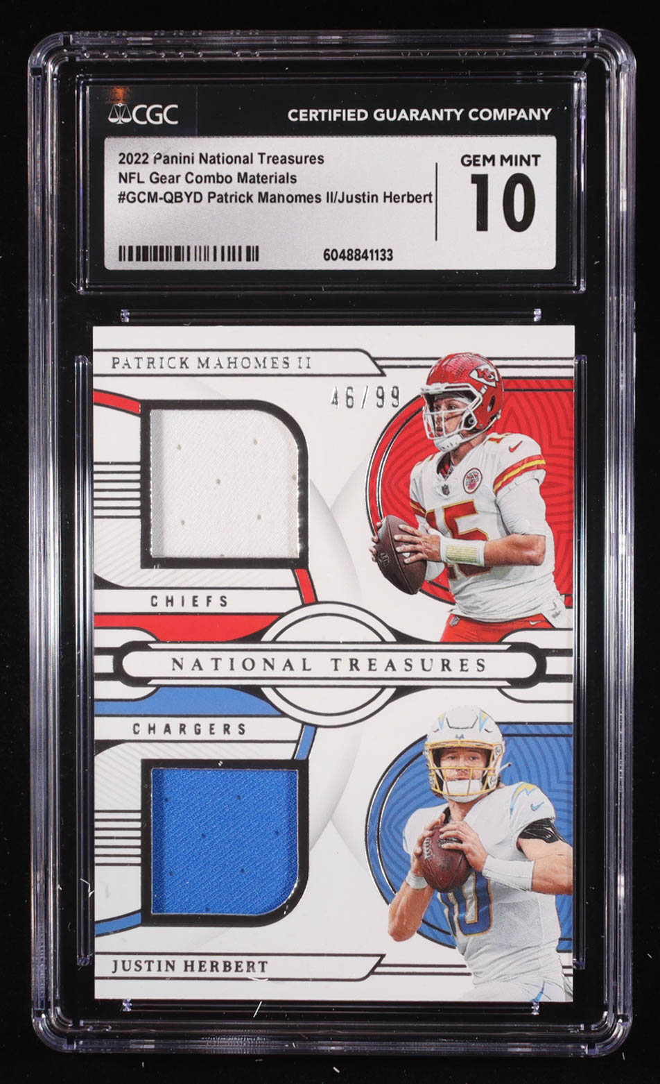 Patrick Mahomes II / Justin Herbert 2022 Panini National Treasures NFL Gear Combo Materials #GCMQBYD #46/99 (CGC 10) at PristineAuction.com Patrick Mahomes II / Justin Herbert 2022 Panini National Treasures NFL Gear Combo Materials #GCMQBYD #46/99 (CGC 10) at PristineAuction.com