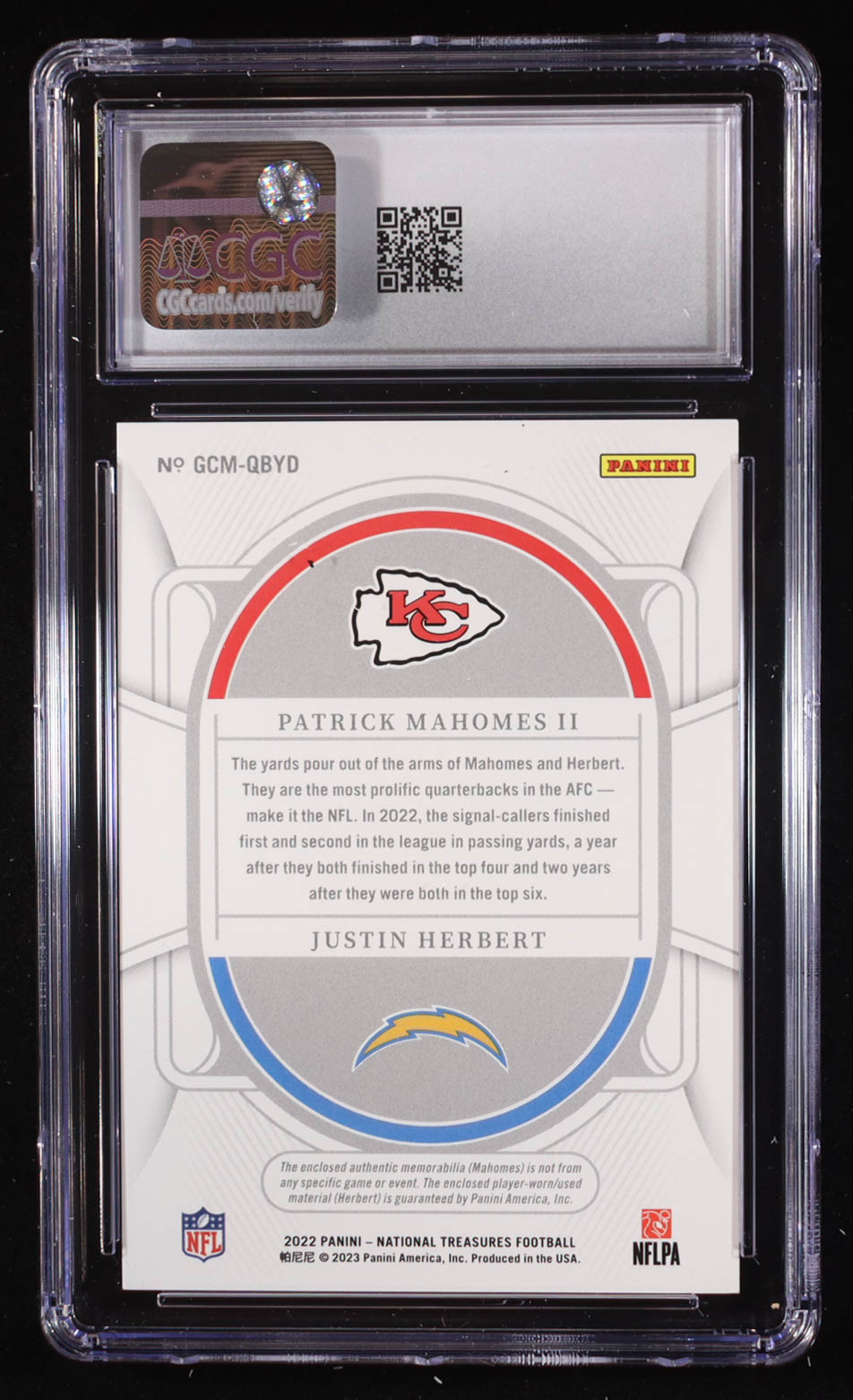 Patrick Mahomes II / Justin Herbert 2022 Panini National Treasures NFL Gear Combo Materials #GCMQBYD #46/99 (CGC 10) at PristineAuction.com Patrick Mahomes II / Justin Herbert 2022 Panini National Treasures NFL Gear Combo Materials #GCMQBYD #46/99 (CGC 10) at PristineAuction.com