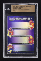 Joe Montana / Kurt Warner / Brett Favre / Drew Brees 2022 Leaf Vibrance Vibrant Signatures Prismatic Purple #1/1 Pre-Production Proof at PristineAuction.com