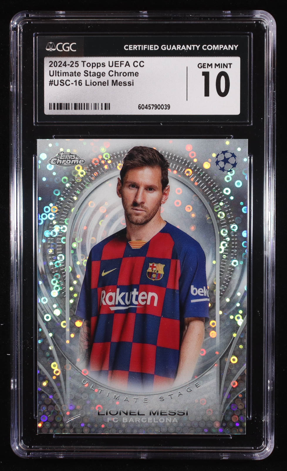 Lionel Messi 2024-25 Topps Chrome UEFA Club Competitions Ultimate Stage #USC16 (CGC 10) at PristineAuction.com Lionel Messi 2024-25 Topps Chrome UEFA Club Competitions Ultimate Stage #USC16 (CGC 10) at PristineAuction.com