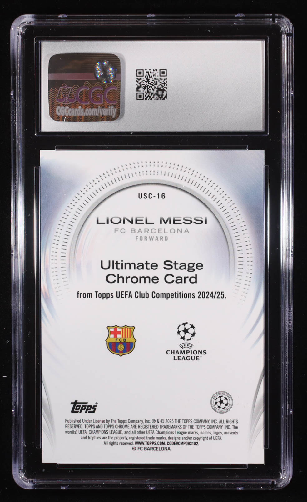 Lionel Messi 2024-25 Topps Chrome UEFA Club Competitions Ultimate Stage #USC16 (CGC 10) at PristineAuction.com Lionel Messi 2024-25 Topps Chrome UEFA Club Competitions Ultimate Stage #USC16 (CGC 10) at PristineAuction.com