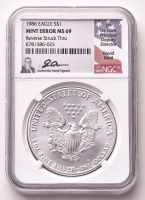1986 Mint Error - American Silver Eagle $1 Coin, Reverse Struck Thru - David Motl Signed Label (NGC MS69) at PristineAuction.com