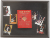 Hakeem Olajuwon Signed Custom Framed Shadowbox Display with LE Court Floor Piece & (6) Trading Cards (Beckett) at PristineAuction.com
