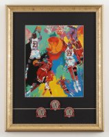 "Michael Jordan: The Last Dance" Custom Framed Art Print by LeRoy Neiman with (3) Vintage Bulls NBA Championship Pins at PristineAuction.com