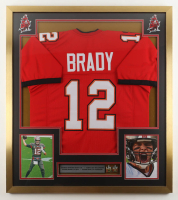 Tom Brady Custom Framed Jersey Display With (2) Super Bowl Pins & (2) Buccaneers Logo Patches at PristineAuction.com