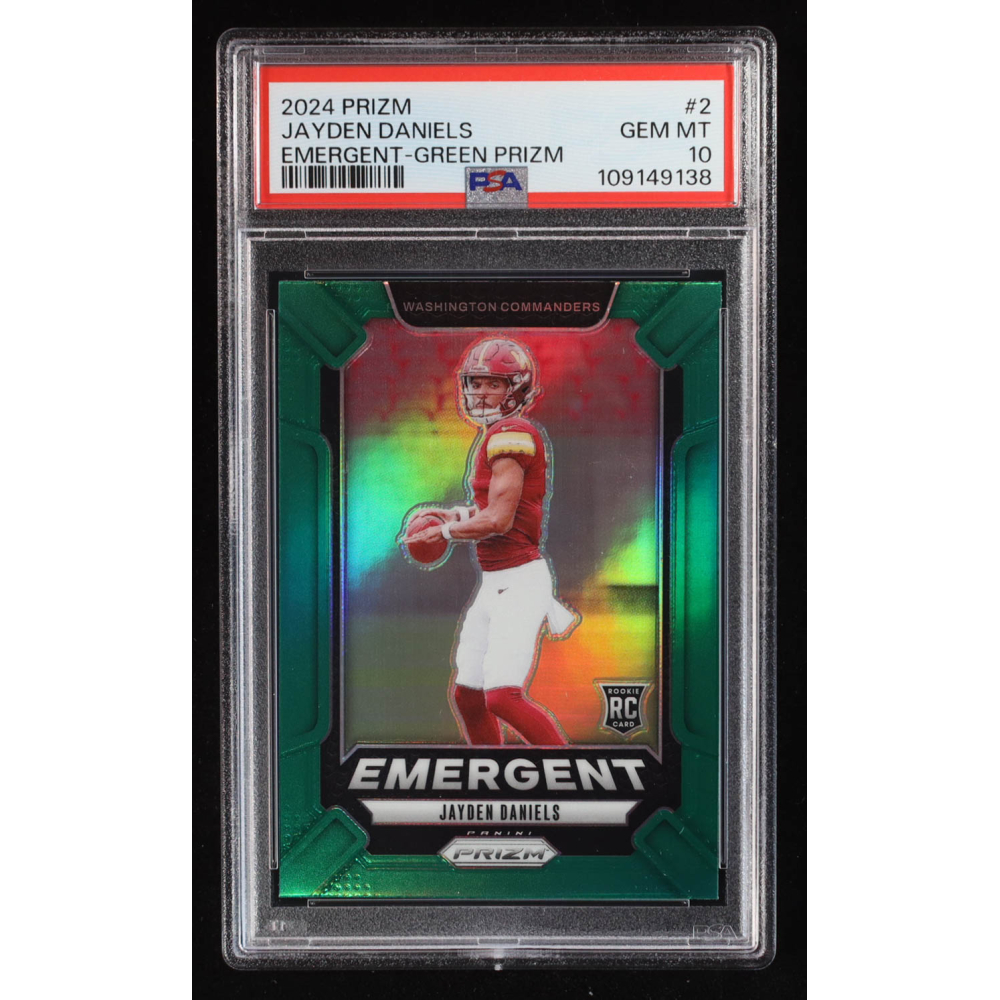 Jayden Daniels 2024 Prizm Emergent Green Prizm #2 RC (PSA 10) at PristineAuction.com