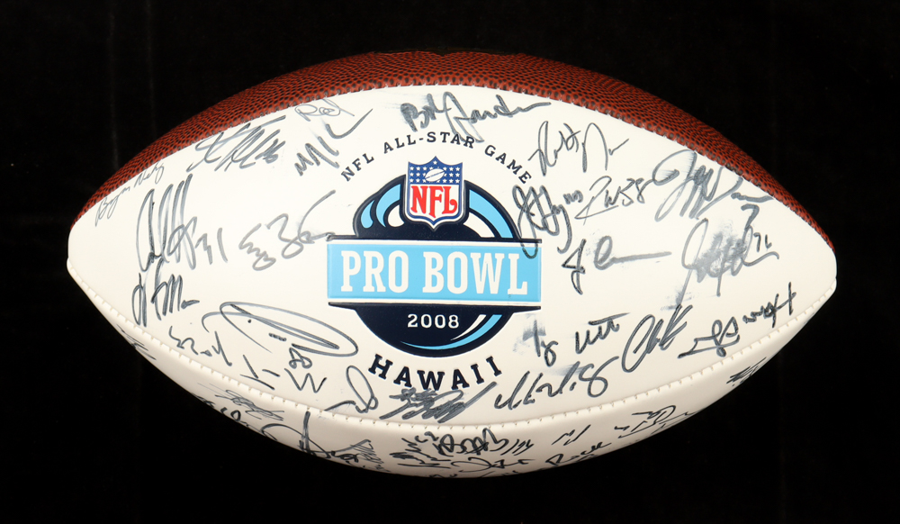 2008 Pro Bowl Logo NFL Football Signed by (64) with Adrian Peterson, Tony Romo, Larry Fitzgerald, Antonio Cromartie, Matt Hasselbeck, Mike McCarthy (Beckett) at PristineAuction.com 2008 Pro Bowl Logo NFL Football Signed by (64) with Adrian Peterson, Tony Romo, Larry Fitzgerald, Antonio Cromartie, Matt Hasselbeck, Mike McCarthy (Beckett) at PristineAuction.com
