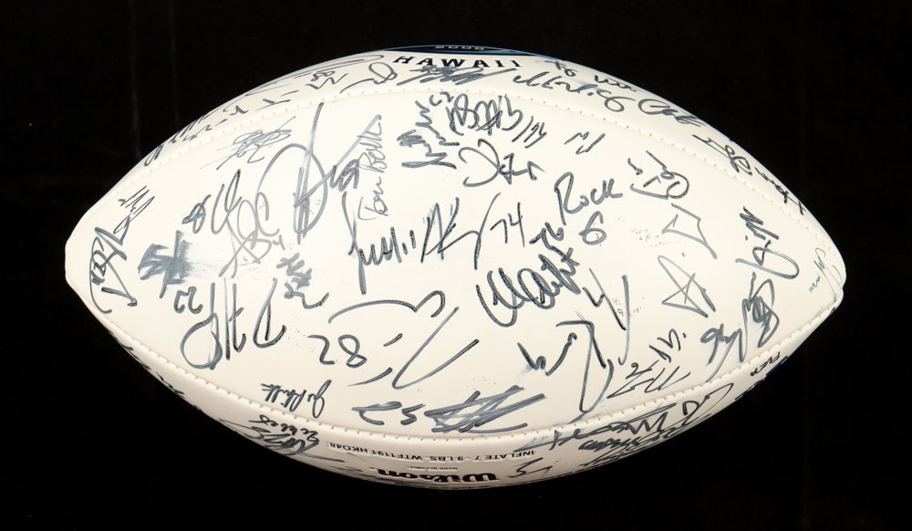 2008 Pro Bowl Logo NFL Football Signed by (64) with Adrian Peterson, Tony Romo, Larry Fitzgerald, Antonio Cromartie, Matt Hasselbeck, Mike McCarthy (Beckett) at PristineAuction.com 2008 Pro Bowl Logo NFL Football Signed by (64) with Adrian Peterson, Tony Romo, Larry Fitzgerald, Antonio Cromartie, Matt Hasselbeck, Mike McCarthy (Beckett) at PristineAuction.com