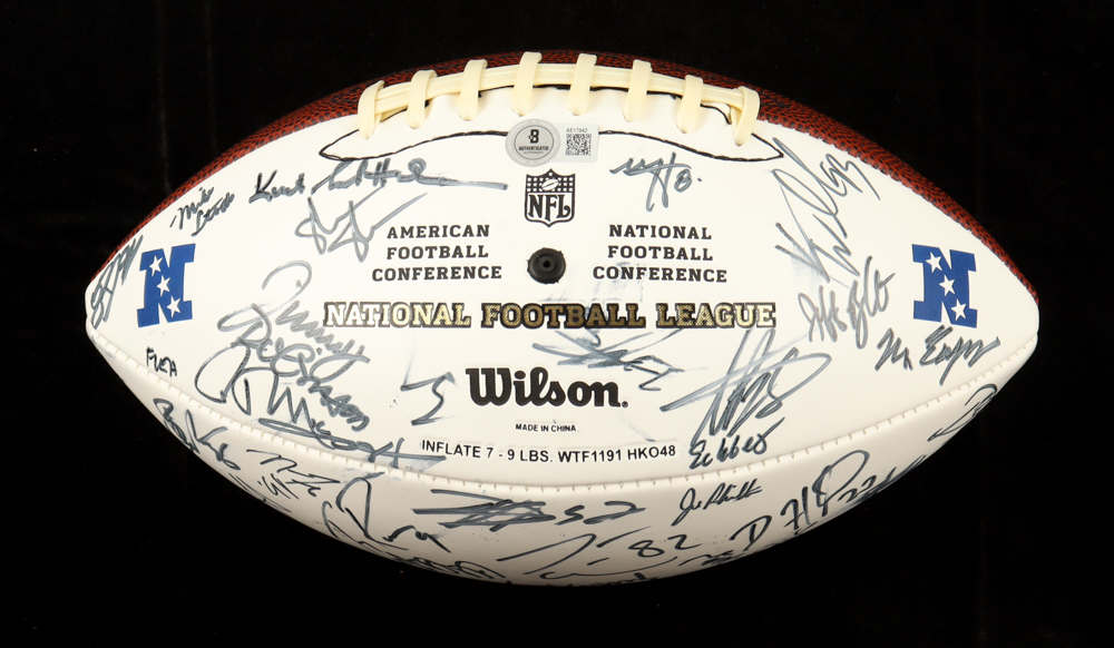 2008 Pro Bowl Logo NFL Football Signed by (64) with Adrian Peterson, Tony Romo, Larry Fitzgerald, Antonio Cromartie, Matt Hasselbeck, Mike McCarthy (Beckett) at PristineAuction.com 2008 Pro Bowl Logo NFL Football Signed by (64) with Adrian Peterson, Tony Romo, Larry Fitzgerald, Antonio Cromartie, Matt Hasselbeck, Mike McCarthy (Beckett) at PristineAuction.com