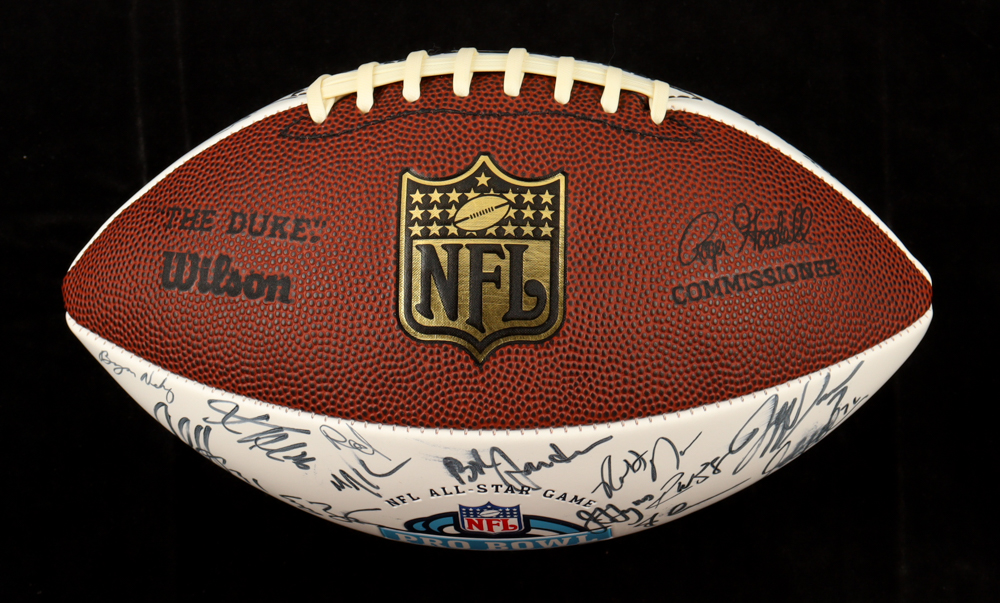 2008 Pro Bowl Logo NFL Football Signed by (64) with Adrian Peterson, Tony Romo, Larry Fitzgerald, Antonio Cromartie, Matt Hasselbeck, Mike McCarthy (Beckett) at PristineAuction.com 2008 Pro Bowl Logo NFL Football Signed by (64) with Adrian Peterson, Tony Romo, Larry Fitzgerald, Antonio Cromartie, Matt Hasselbeck, Mike McCarthy (Beckett) at PristineAuction.com