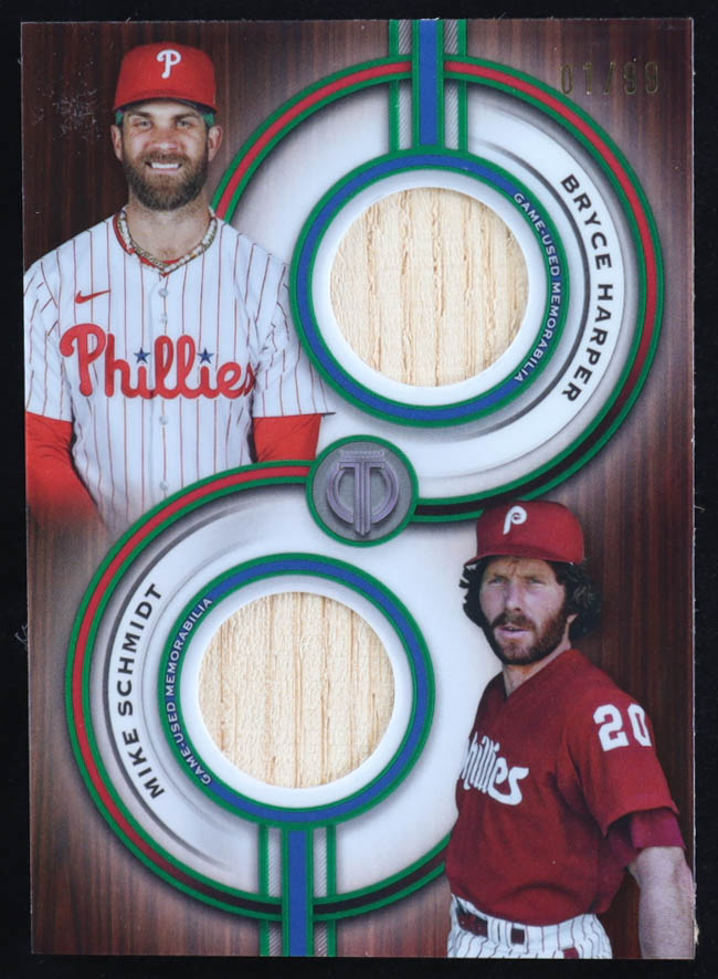 Mike Schmidt / Bryce Harper 2025 Topps Tribute Dual Player Relics Green #TPDRHS #01/99 at PristineAuction.com Mike Schmidt / Bryce Harper 2025 Topps Tribute Dual Player Relics Green #TPDRHS #01/99 at PristineAuction.com