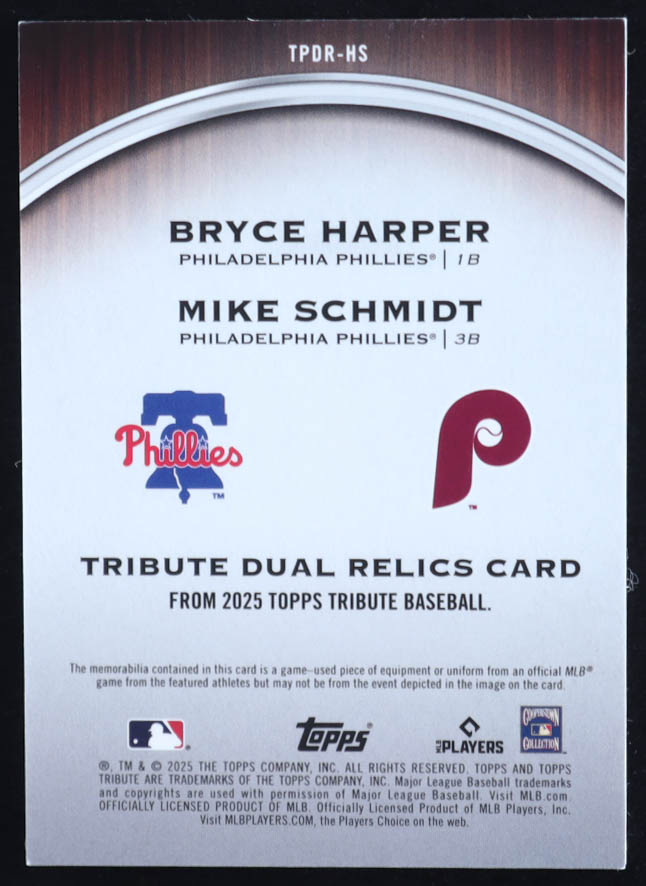Mike Schmidt / Bryce Harper 2025 Topps Tribute Dual Player Relics Green #TPDRHS #01/99 at PristineAuction.com Mike Schmidt / Bryce Harper 2025 Topps Tribute Dual Player Relics Green #TPDRHS #01/99 at PristineAuction.com