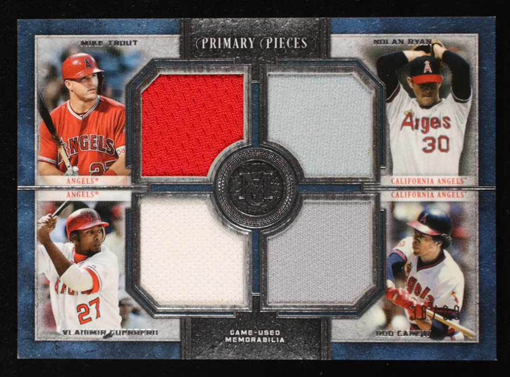 Nolan Ryan / Mike Trout / Vladimir Guerrero / Rod Carew 2019 Topps Museum Collection Primary Pieces Four Player Quad Relics #FPRTRGC #38/99