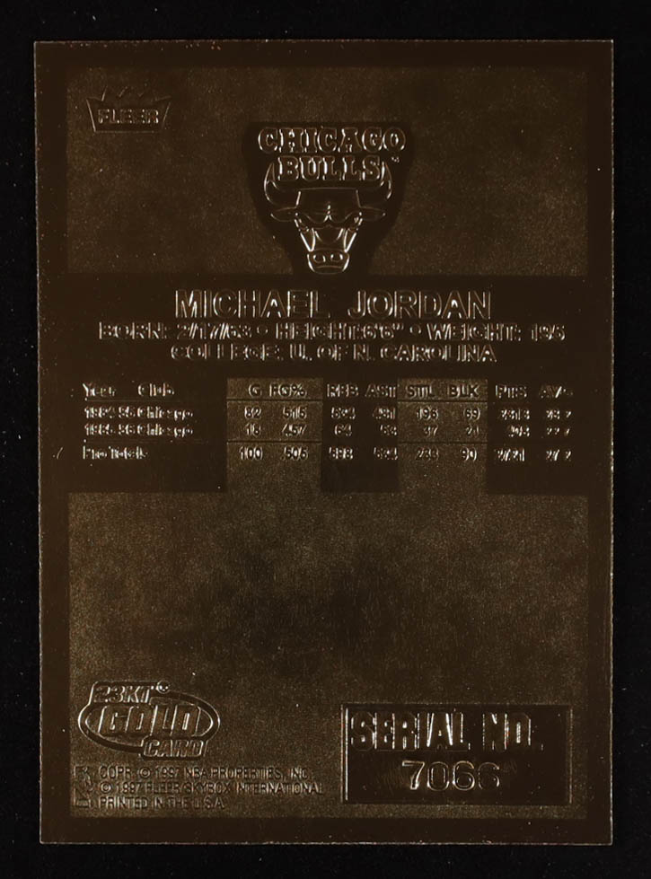 Michael Jordan 1997 Fleer Premier Signature Series Red Holo Refractor 23Kt Gold Card at PristineAuction.com Michael Jordan 1997 Fleer Premier Signature Series Red Holo Refractor 23Kt Gold Card at PristineAuction.com