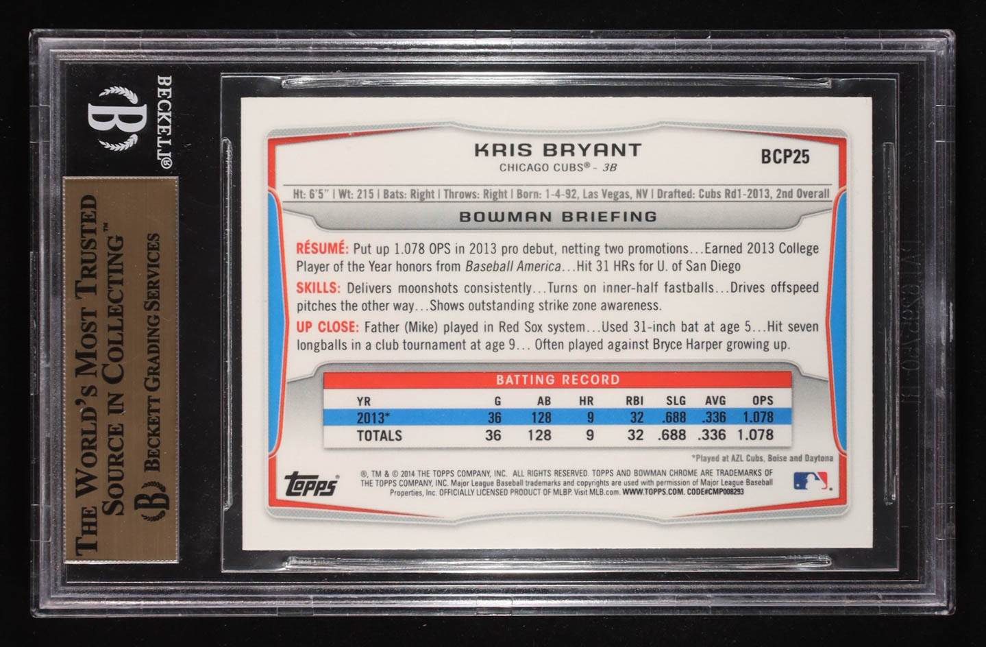 Kris Bryant 2014 Bowman Chrome Prospects #BCP25 RC (BGS 9.5) at PristineAuction.com Kris Bryant 2014 Bowman Chrome Prospects #BCP25 RC (BGS 9.5) at PristineAuction.com