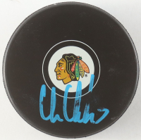 Chris Chelios Signed Blackhawks Logo Hockey Puck (AWM) at PristineAuction.com