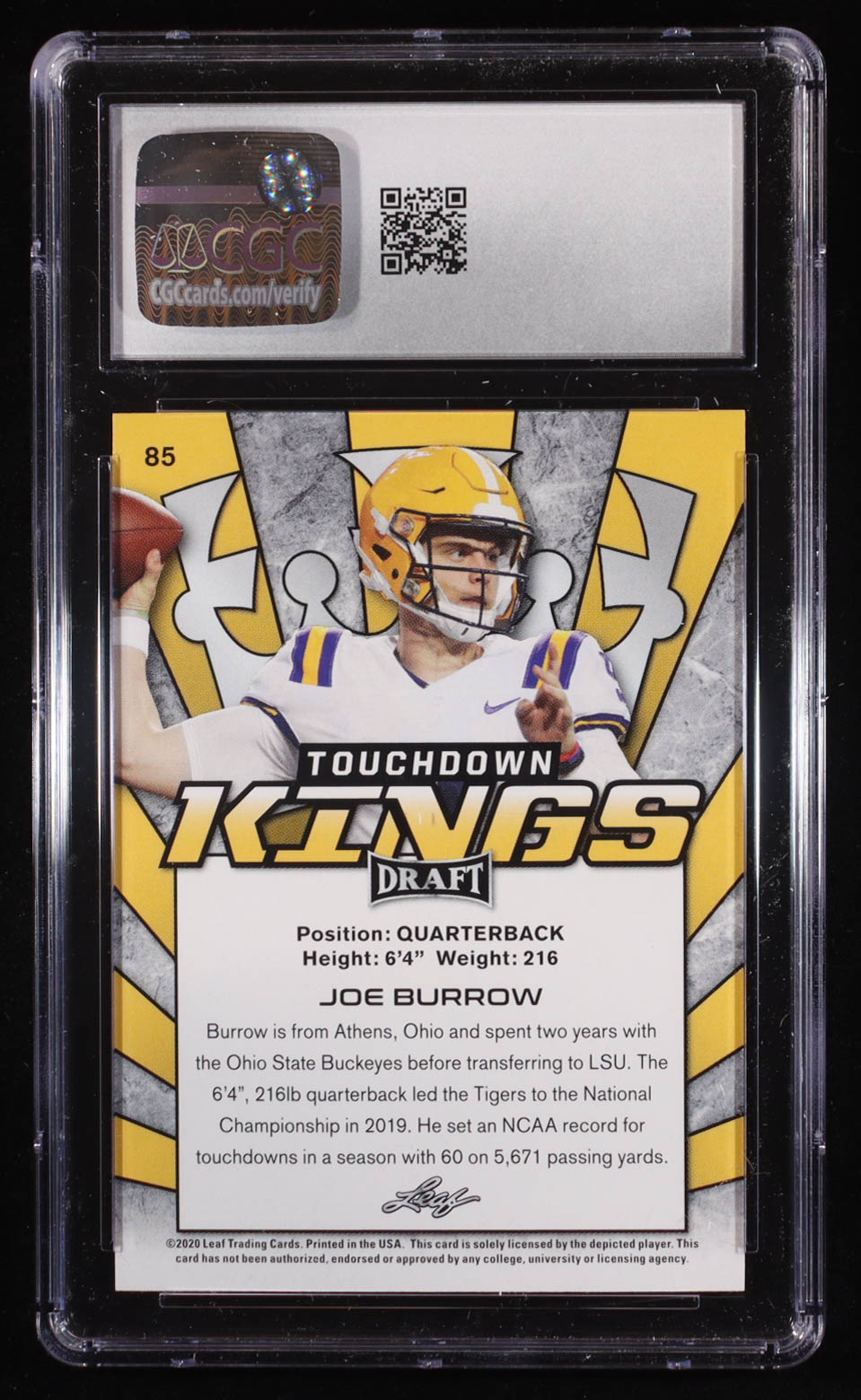 Joe Burrow 2020 Leaf Draft #85 RC (CGC 10) at PristineAuction.com Joe Burrow 2020 Leaf Draft #85 RC (CGC 10) at PristineAuction.com