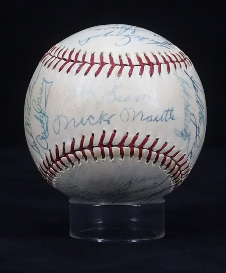 1958 New York Yankees Logo Baseball Signed by (28) with Mickey Mantle, Whitey Ford, Norm Siebern, Bob Turley (Beckett) at PristineAuction.com