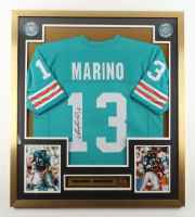 Dan Marino Signed Custom Framed Jersey Display with Vintage Marino Career Stats Pin & (2) Dolphins Logo Patches (JSA) at PristineAuction.com