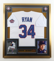 Nolan Ryan Signed Rangers Custom Framed Jersey With Official #34 Rangers Retirement Pin & (2) Rangers Logo Patches Inscribed "108.5 MPH Fastball" (PSA) at PristineAuction.com