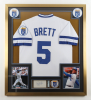 George Brett Signed Cut KC Royals Custom Framed Jersey With Vintage 1980 KC Royals Lapel Pin & (2) Vintage KC Royals Logo Patches (PSA) at PristineAuction.com