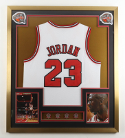 Michael Jordan Bulls Custom Framed Jersey With (4) Official 1993, 1996, 1997, 1998 Bulls Championship Pins & (2) Hall Of Fame Logo Patches at PristineAuction.com