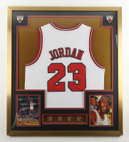 Michael Jordan Bulls Custom Framed Jersey With (4) Official 1993, 1996, 1997, 1998 Bulls Championship Pins & (2) Bulls Metal Logo Pins at PristineAuction.com