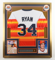 Nolan Ryan Signed Astros Custom Framed Jersey With Original 1999 Hall Of Fame Induction PIn & (2) Vintage Astros Logo Patches Inscribed "7 No Hitters" (PSA) at PristineAuction.com