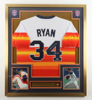 Nolan Ryan Signed Astros Custom Framed Jersey With Vintage Hall Of Fame Induction Pin & (2) Vintage Baseball Hall Of Fame Logo Patches Inscribed "All Time K. King" (PSA) at PristineAuction.com