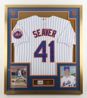 Tom Seaver Signed Cut Mets Custom Framed Jersey With Original 1992 Pewter Hall Of Fame Induction Pin & (2) Mets Logo Patches (PSA) at PristineAuction.com