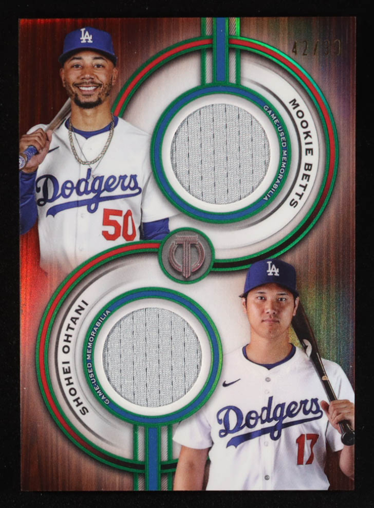 Shohei Ohtani / Mookie Betts 2025 Topps Tribute Dual Player Relics Green #TPDRBO #42/99