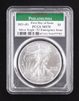 2021-P American Silver Eagle, Type 1 First Day of Issue Emergency Issue - Struck at Philadelphia Mint (PCGS MS70) at PristineAuction.com
