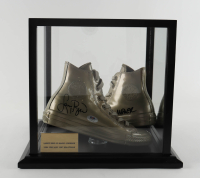 Magic Johnson & Larry Bird Signed Set of (2) Converse Gold Basketball Shoes with Display Case (PSA & Beckett) at PristineAuction.com