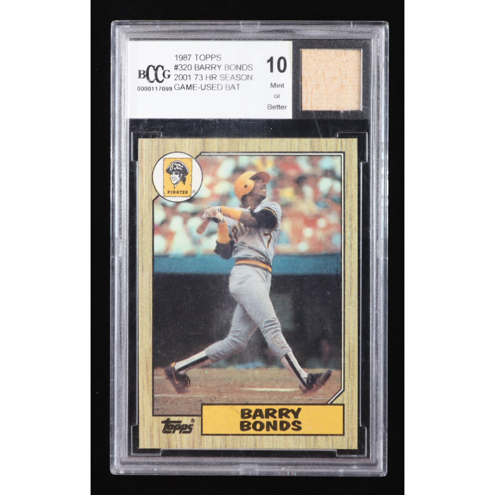 Barry Bonds 1987 Topps #320 RC With 2001 73rd HR Season Game-Used Bat Piece (BCCG 10) at PristineAuction.com