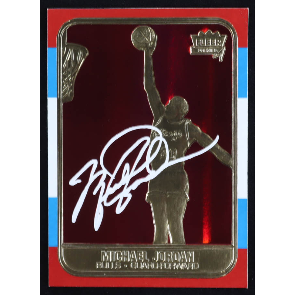 Michael Jordan 1997 Fleer Premier Signature Series Red Holo Refractor 23Kt Gold Card at PristineAuction.com