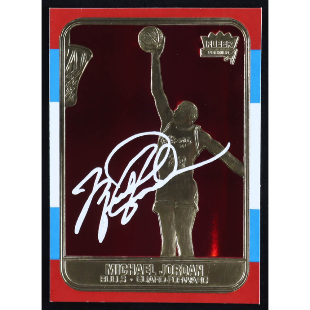 Michael Jordan 1997 Fleer Premier Signature Series Red Holo Refractor 23Kt Gold Card at PristineAuction.com