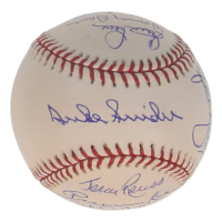 Dodgers Old Timers OML Baseball Signed by (13) with Duke Snider, Preacher Roe, Clem Labine, Carl Erskine (Stacks of Plaques) at PristineAuction.com