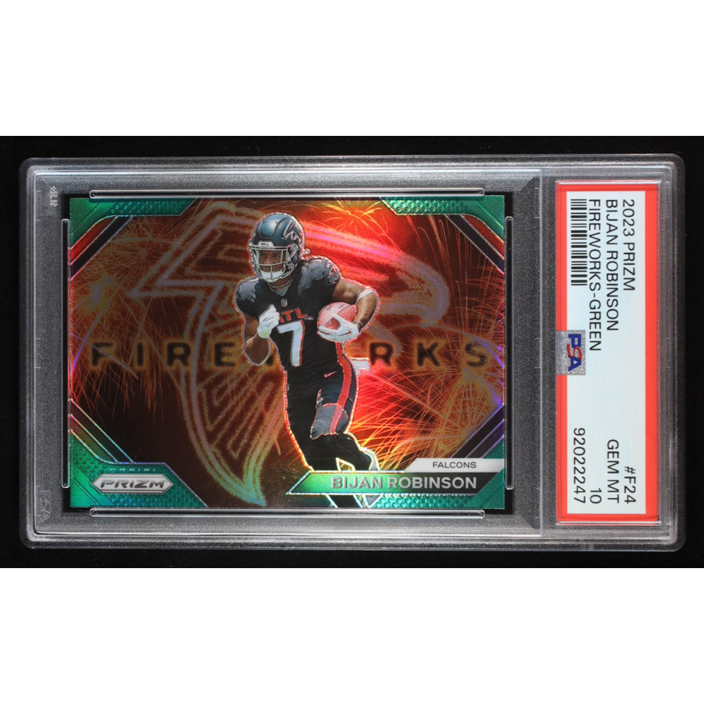 Bijan Robinson 2023 Panini Prizm Fireworks Prizms Green #24 RC (PSA 10) at PristineAuction.com