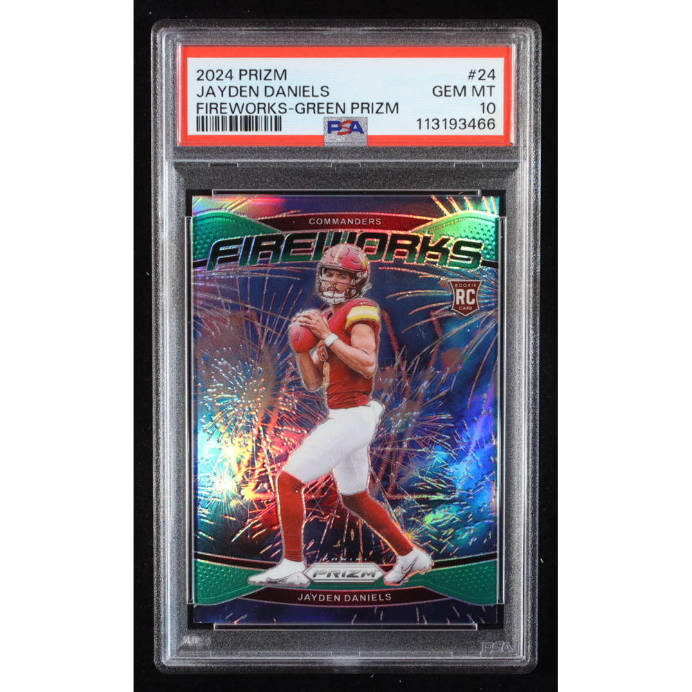 Jayden Daniels 2024 Panini Prizm Fireworks Prizms Green #24 RC (PSA 10) at PristineAuction.com