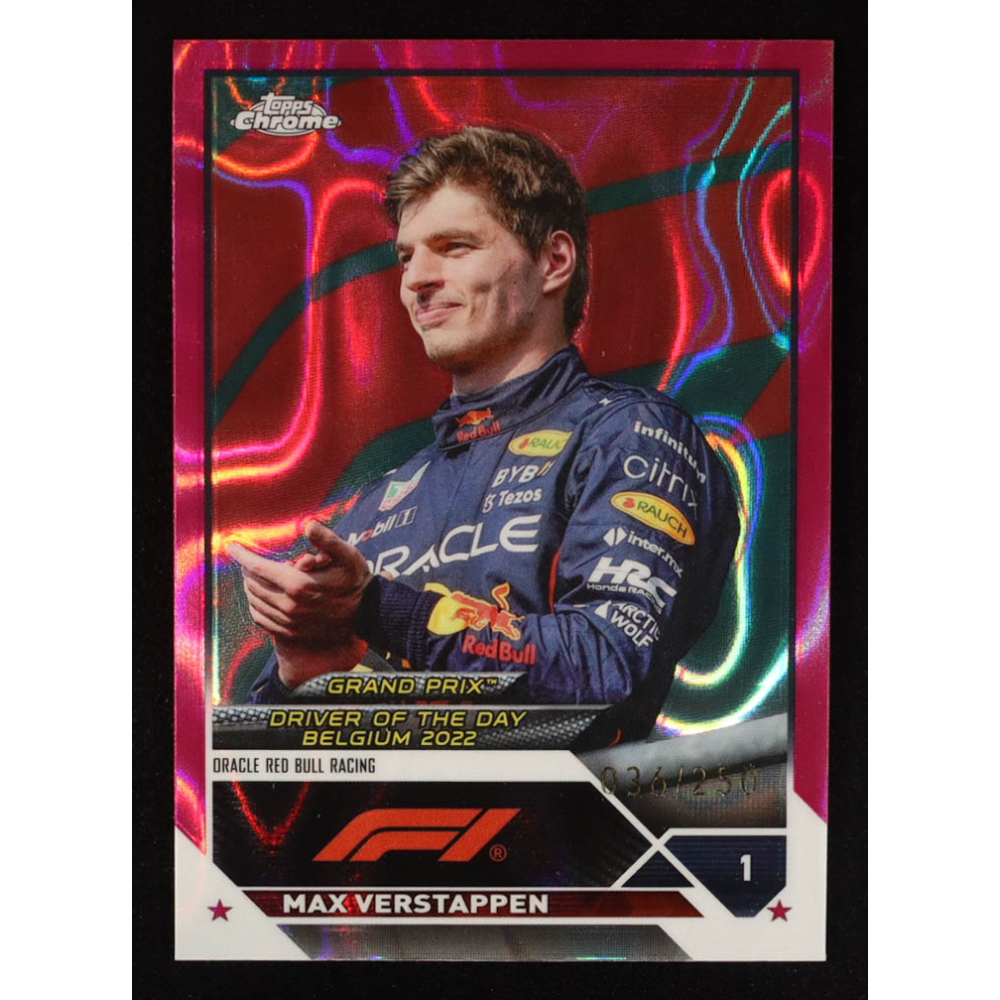 Max Verstappen 2023 Topps Chrome Formula 1 Fuchsia Lava Refractors #179 DOD #036/250 at PristineAuction.com