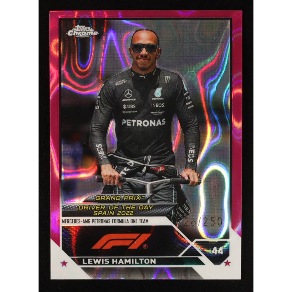 Lewis Hamilton 2023 Topps Chrome Formula 1 Fuchsia Lava Refractors #171 DOD #126/250 at PristineAuction.com