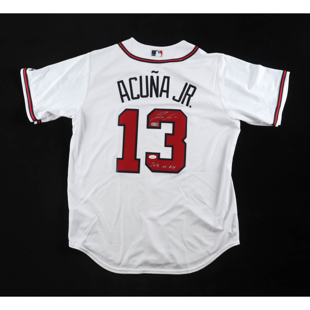Ronald Acuna Jr. Signed Braves Majestic Authentic Jersey Inscribed "2018 NL ROY" (JSA & USA SM) at PristineAuction.com