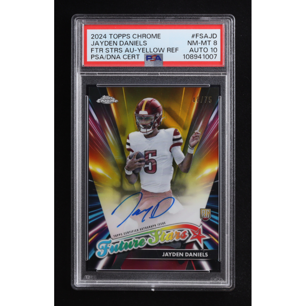 Jayden Daniels 2024 Topps Chrome Future Stars Autographs Yellow Refractors #FSAJD #48/75 RC (PSA 8 | Auto 10) at PristineAuction.com
