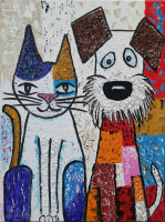 "Cat and Dog" 2025 12x16 Original Acrylic Painting on Canvas By Elena Vaisman (Vaisman) at PristineAuction.com