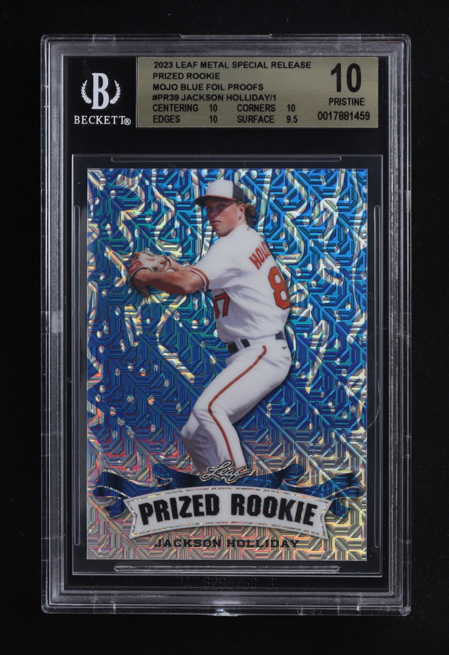 Jackson Holliday 2023 Leaf Metal Special Release Prized Rookie Mojo Blue Foil Proofs #PR39 RC #1/1 (BGS 10) at PristineAuction.com Jackson Holliday 2023 Leaf Metal Special Release Prized Rookie Mojo Blue Foil Proofs #PR39 RC #1/1 (BGS 10) at PristineAuction.com