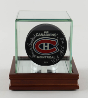 Emile Bouchard Signed Canadiens Logo Hockey Puck Inscribed "HOF 1966 #3" with Display Case (PSA) at PristineAuction.com